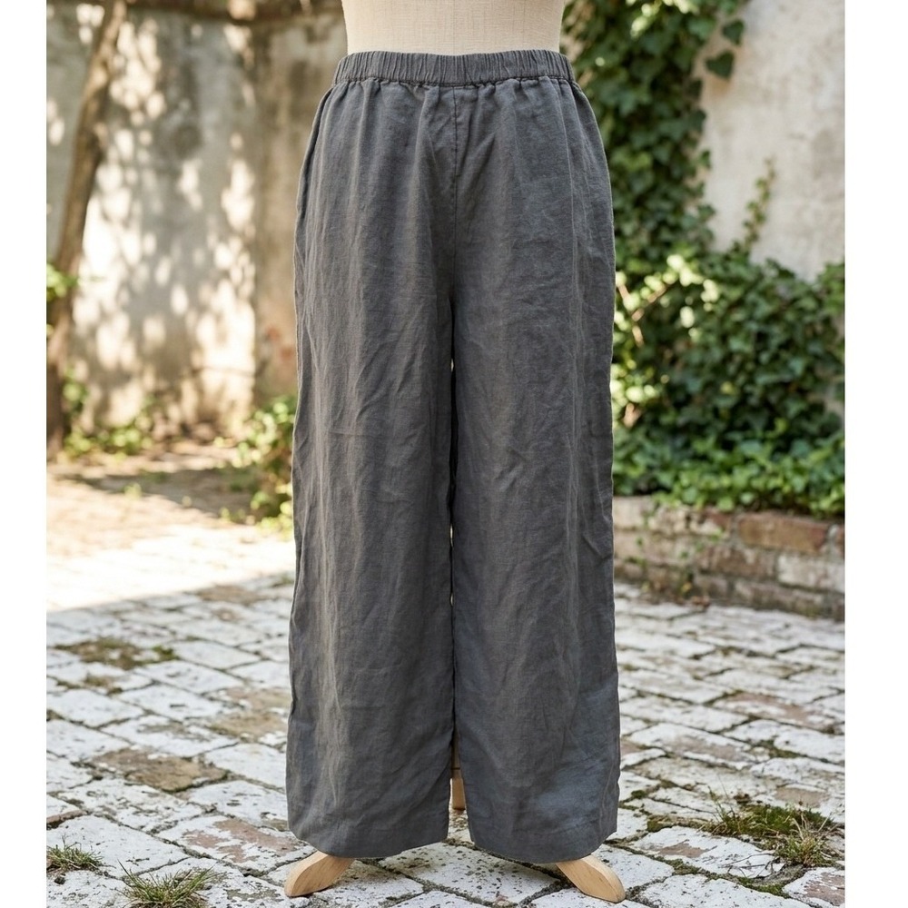 J.Jill Wide Leg Pants Trousers Grey 100% Linen Elastic Waist Coastal Casual LP